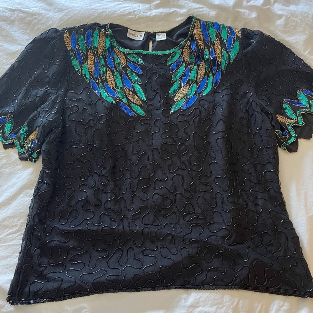 Denise Elle Silk Beaded Sequins Black Peacock Evening Blouse Sz 2X  Vintage 80s